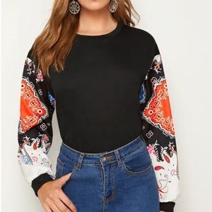 Contrast Paisley Print Cuff Sweatshirt